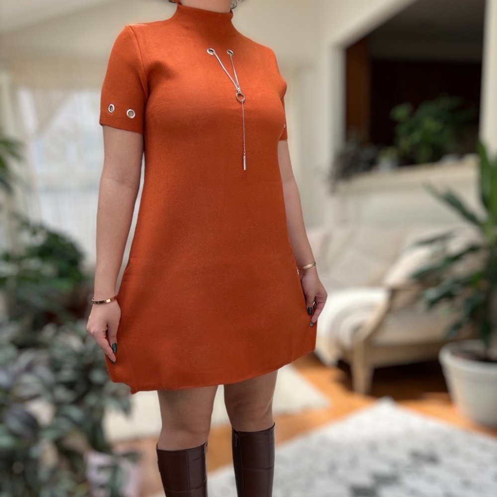 Neelano BRAND NEW Pumpkin Orang Women Sweater Dress W/ Decorative Chain